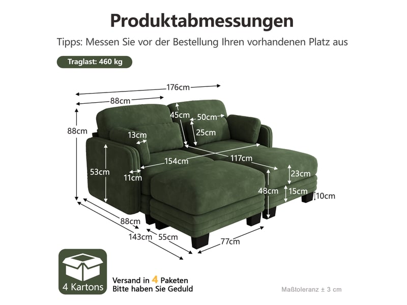  Canapé droit modulable 2 places en chenille vert avec 2 poufs  - Conforama C