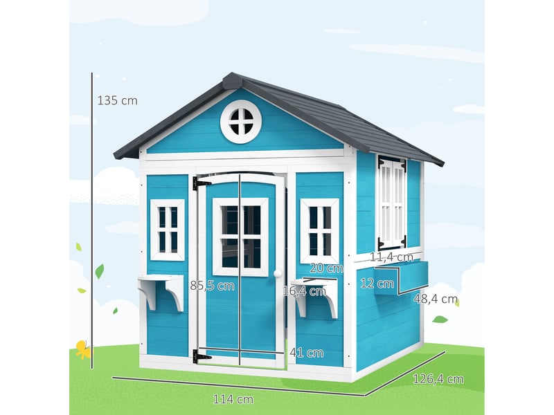  Cabane enfant extérieur maison enfant extérieure avec porte fenêtres et jardinières bleu 114 x 126,4 x 135 cm  - Conforama C
