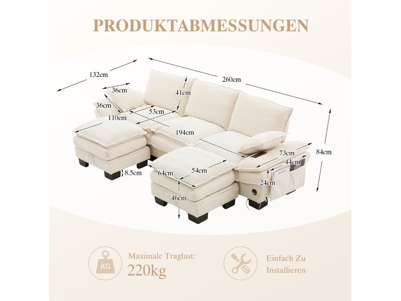 Canapé modulable 3 places 260x132x84 cm avec 2 poufs velours côtelé beige - Conforama C