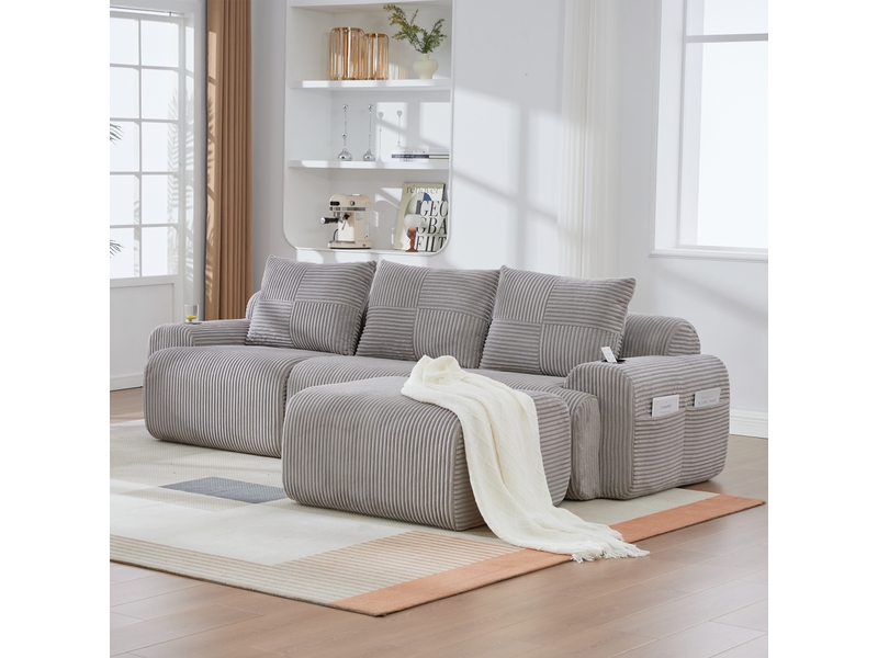  Canapé modulaire 3 places en velours côtelé gris clair - 268 x 174 x 80 cm, avec rangement  - Conforama E