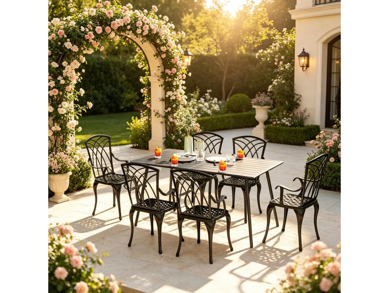  Table de jardin rectangulaire 150x80 cm – gris – acier thermolaqué – 6 places – plateau rainuré extérieur  - Conforama B