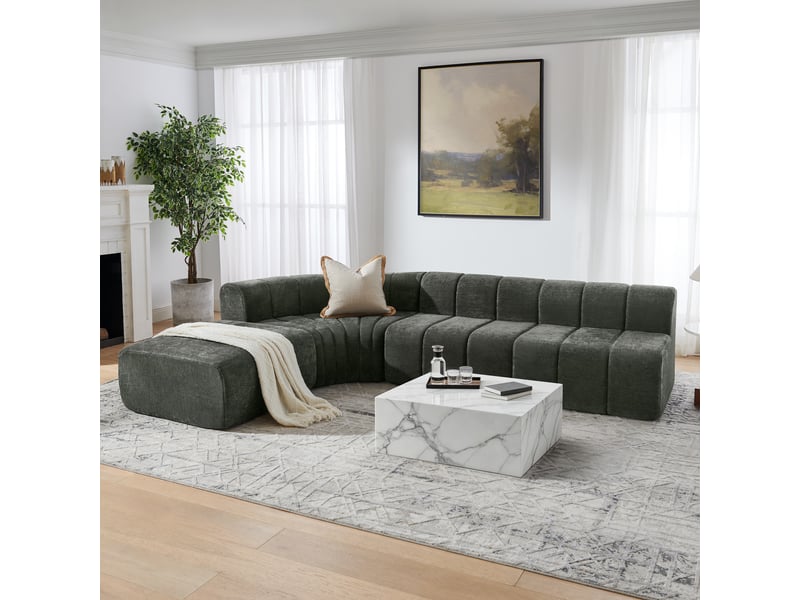 Canapé d'angle modulable compressé 4 places 283x198x64,7 cm, modules libres utilisables en pouf, table ou siège, chenille gris - Conforama B