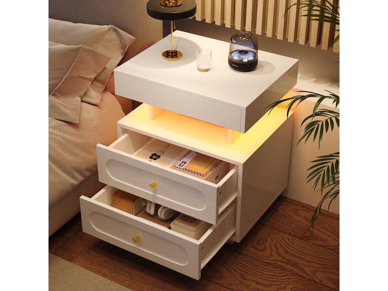  Table de chevet led 2 tiroirs avec niche ouverte - glissières silencieuses, panneau de particules blanc 100 × 40 × 60 cm  - Conforama C
