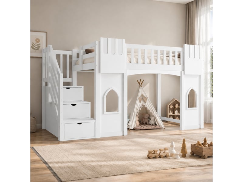  Lit mezzanine 90x200 cm avec escalier de rangement et 2 fenêtres en mdf, pin et contreplaqué blanc  - Conforama D