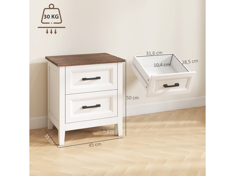  Table de chevet, table de nuit avec 2 tiroirs, plateau effet bois, style rustique, pour chambre à coucher, salon, blanc  - Conforama E