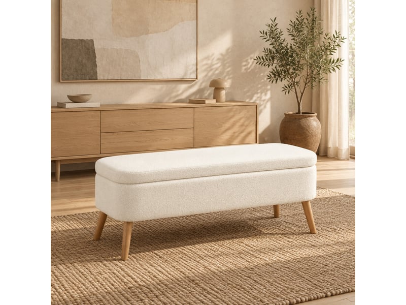  Banc de rangement 120 x 42 x 45 cm blanc crème, bois et tissu polaire, coffre de 65 l rembourré  - Conforama D