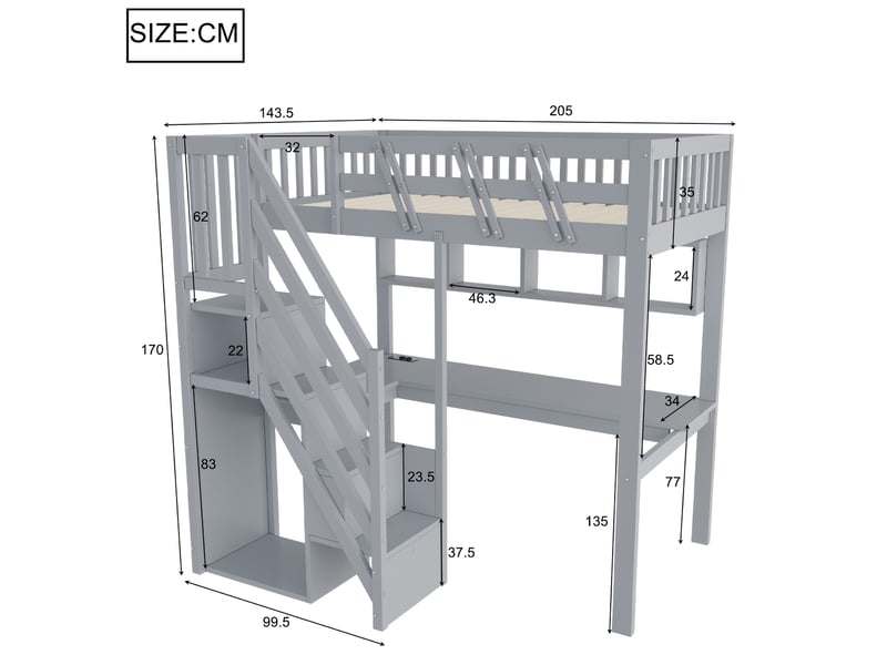 Lit mezzanine enfant 90x200 cm - avec escalier rangement, bureau intégré, prise usb et led, bois massif gris evarich - Conforama C