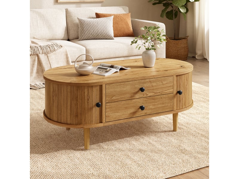  Table basse ovale moderne au design rétro, portes coulissantes rainurées avec 2 tiroirs, meuble de rangement en bois pour salon, chêne  - Conforama D