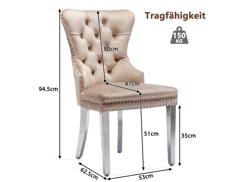  Chaise de salle à manger rembourrée avec dossier à boucle carrée et pieds métalliques en velours beige  - Conforama E