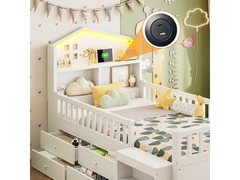  Lit enfant 90x200 cm avec quatre tiroirs et led, bois et mdf, blanc sans matelas  - Conforama D