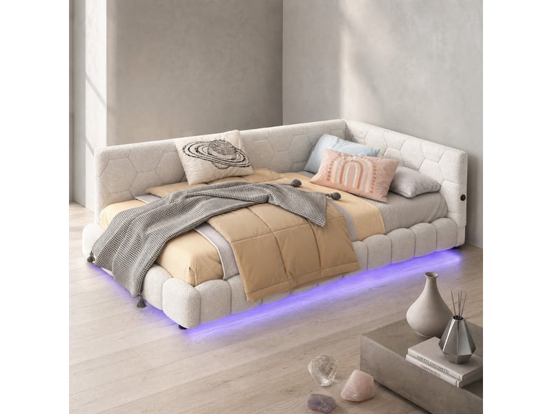  Canapé convertible lit de jour avec sommier à lattes, éclairage réglable, ports usb et type c, velours blanc  - Conforama C