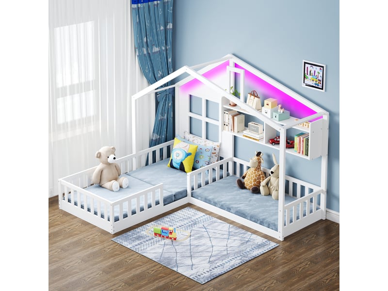  Lit enfant maison 2 couchages 90x200 et 70x140 cm avec fenêtres -étagères-éclairage led-barrières bois+ mdf-blanc  - Conforama D