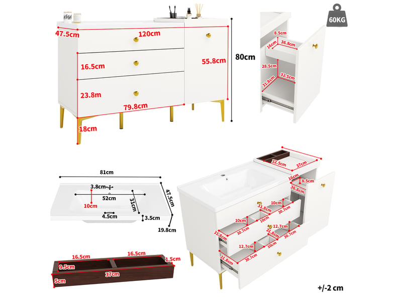 Meuble sous vasque avec lavabo en céramique, 5 tiroirs et placard pour salle de bain, blanc, 120 × 47,5 × 80 cm - Conforama E