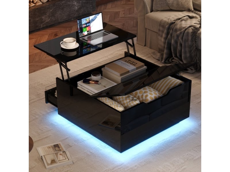 Table basse relevable led 70×70 cm, noir brillant, tiroir, rangement caché, portes rabattables, 38 cm - Conforama B