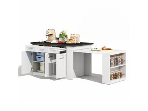 Îlot central avec table escamotable blanc, plan de travail effet marbre, rangement intégré, 150x90x90cm