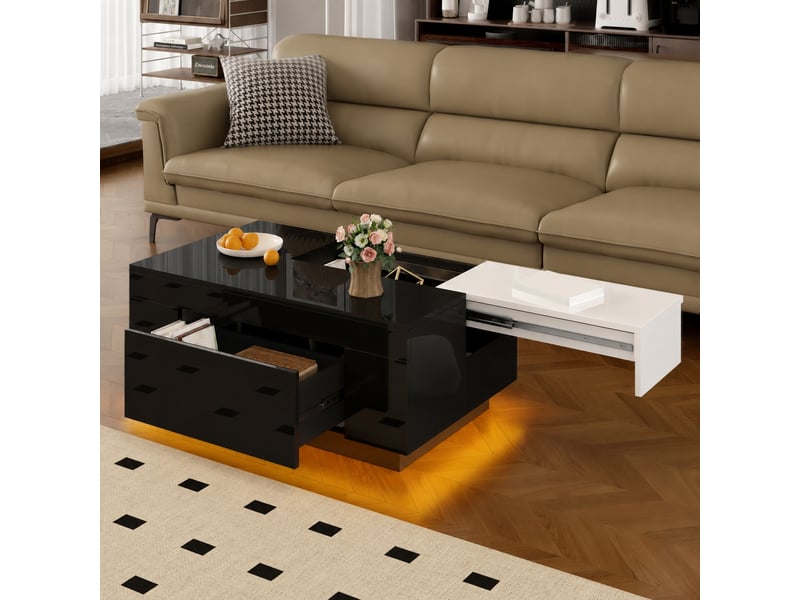  Table basse noire et blanche avec éclairage led et plateau extensible, 80 x 50 cm  - Conforama D