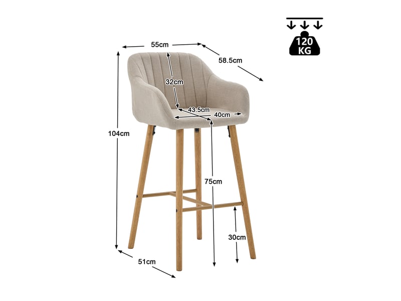  Lot de 6 chaises de bar, siège 75 cm de haut, avec accoudoirs et repose-pieds, pieds en bois massif, beige  - Conforama E