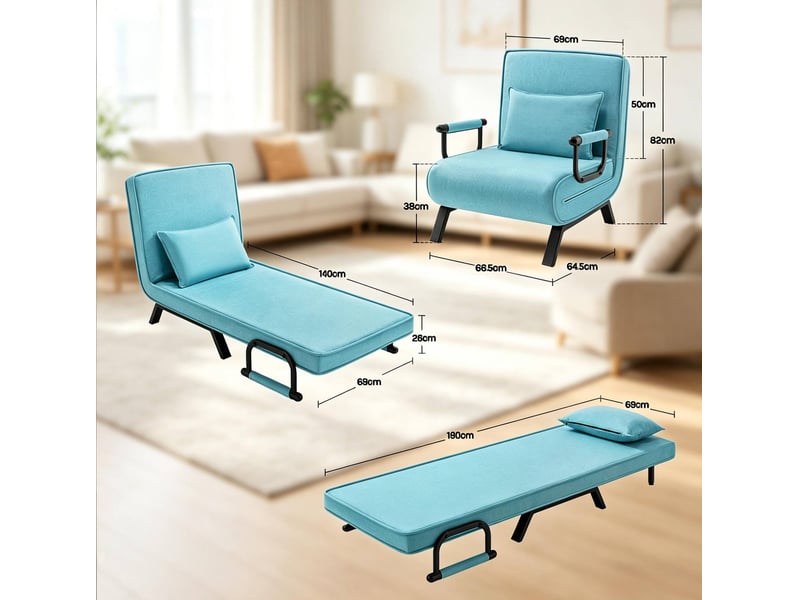  Fauteuil convertible 3 en 1 bleu en lin, lit 190 x 74 cm, dossier 5 positions  - Conforama C