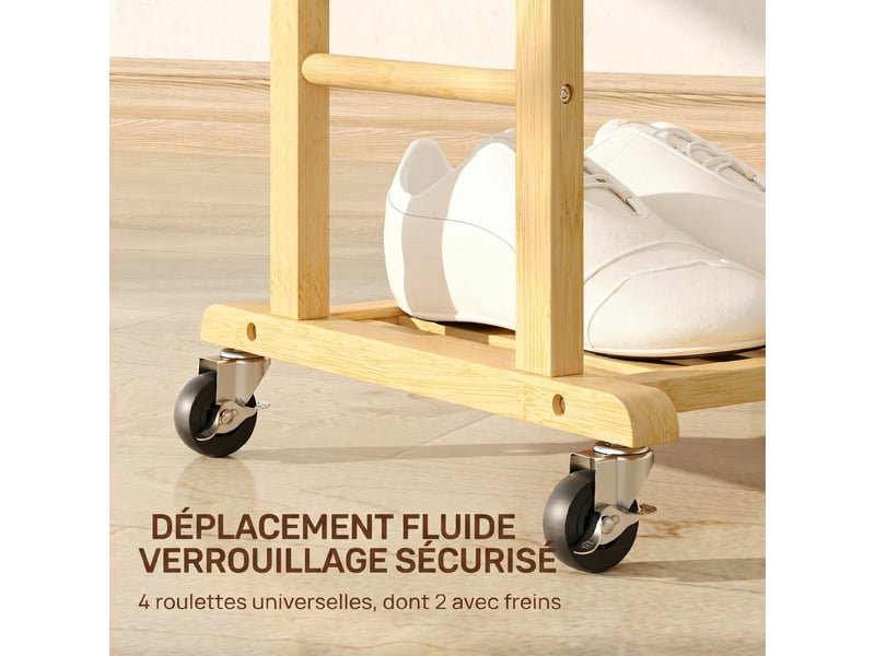  Valet de chambre à roulettes, portant à vêtements en bambou avec cintre intégré, naturel, tiges à pantalons et étagère  - Conforama E