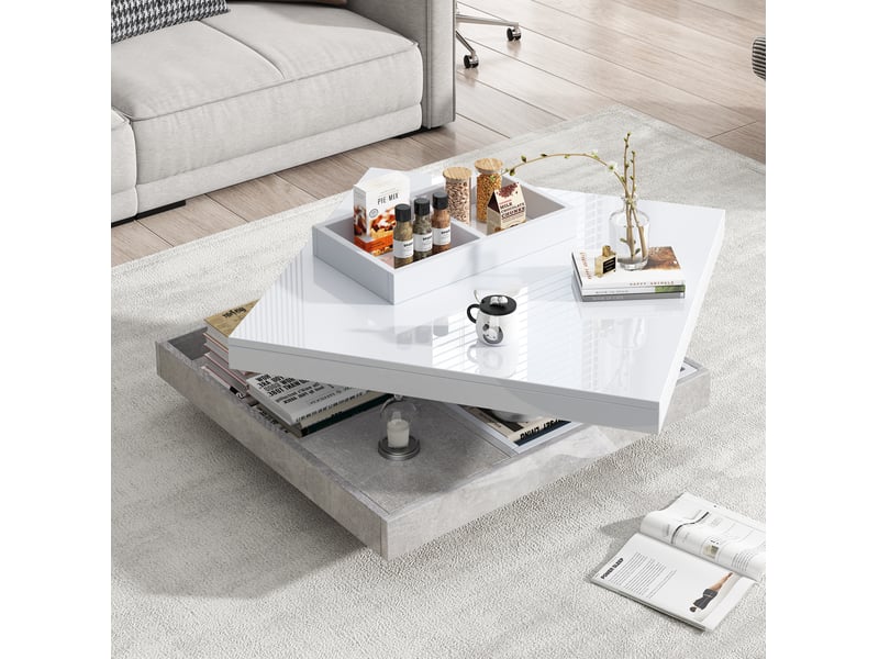  Table basse double plateau rotatif 360° 70x70x36 cm, rangement, panneau de particules, blanc et effet marbre gris  - Conforama E