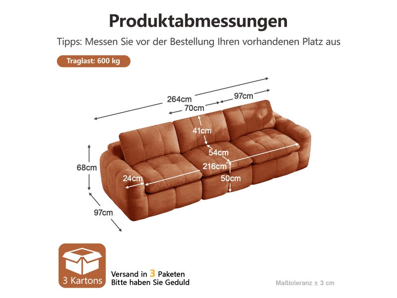 Canapé droit, canapé modulaire 3 places sans cadre, housse chenille ergonomique, base antidérapante, coussins épaissis, sans montage, orange - Conforama C