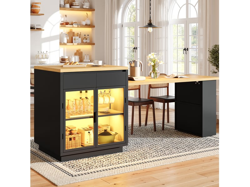  Îlot de cuisine extensible 122–194.5x70x94 cm, 2 tiroirs, led, noir  - Conforama C