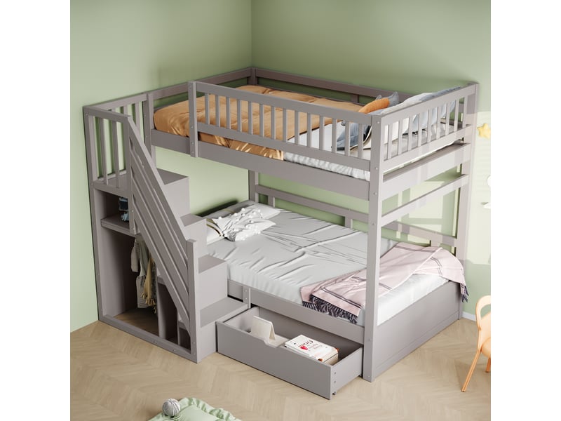  Lit superposé avec escalier-rangement, bois massif gris, 90x200 cm, barrières hautes et tiroirs  - Conforama B