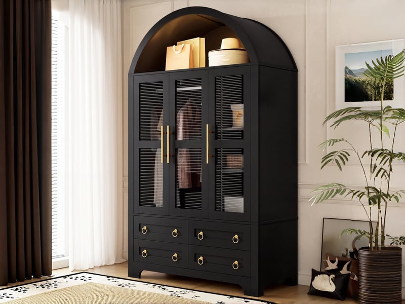  Armoire à 3 portes vitrées et 4 tiroirs, 110 x 50 x 186 cm, avec éclairage led, tringle intégrée et étagères, couleur noir  - Conforama B