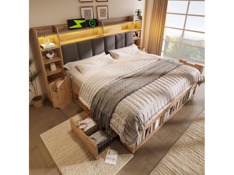  Lit double 180 x 200 cm chêne avec rangements, led et ports usb  - Conforama B