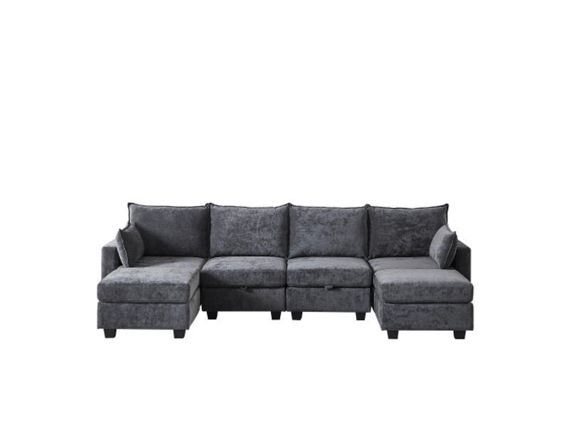  Canapé modulable en chenille 6 places, canapé d’angle u avec méridienne, ottoman de rangement, salon moderne  - Conforama A