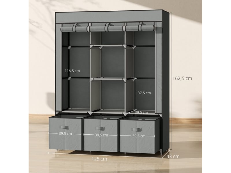  Armoire en tissu avec 2 barres de penderie 3 tiroirs 5 étagères pour chambre et dressing en acier gris clair  - Conforama C