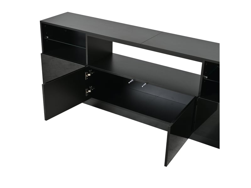  Meuble tv 180 cm noir, led, 4 portes, 8 rangements et tablettes en verre Fay Lum - Conforama E