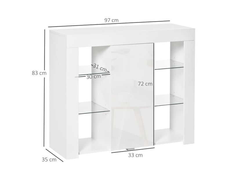  Buffet moderne avec éclairage led, une porte laquée brillante, fermeture à pression, étagères réglables et télécommande, 97 x 35 x 83 cm, blanc  - Conforama E