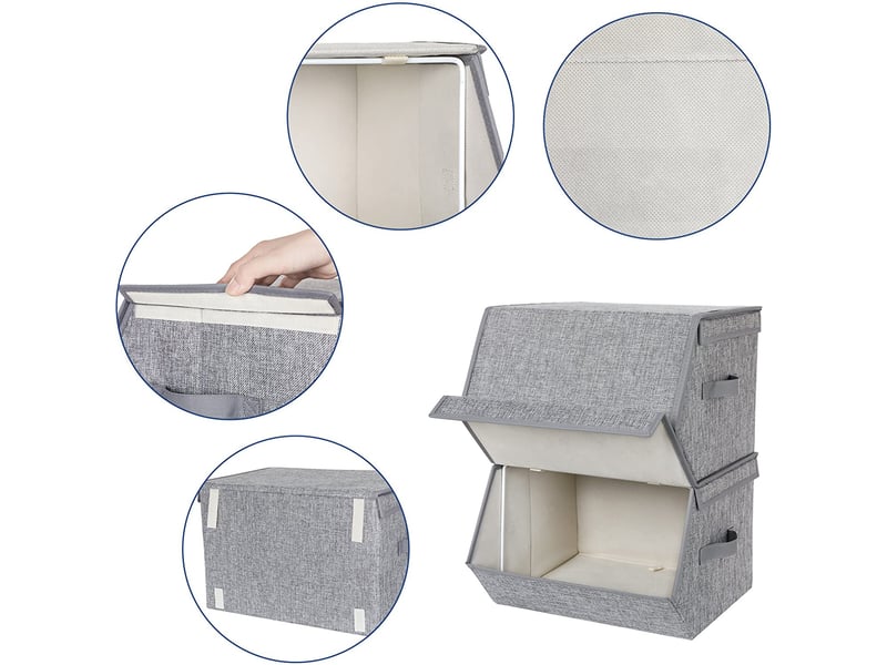  Lot de 2 boîtes de rangement avec couvercle magnétique à rabat empilables avec housse en tissu cadre en métal et poignées latérales pour accessoires jouets vêtements gris 12_0000025  - Conforama C
