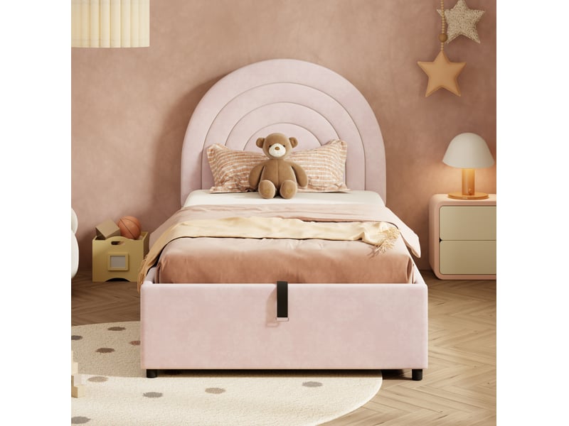  Lit coffre 90x200 cm avec tête de lit, velours, rose, sans matelas  - Conforama D