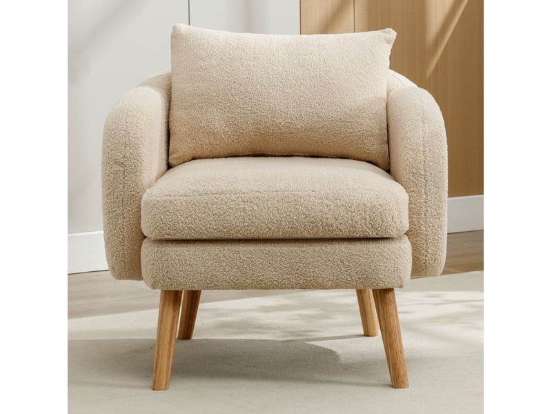  Fauteuil teddy fixe 1 place beige avec coussin, assise en mousse et pieds en bois, style moderne pour salon  - Conforama E