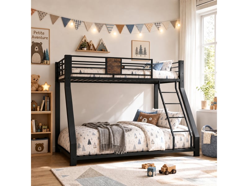  Lit superposé familial en métal noir 90x200 et 140x200 cm, échelle réversible et silencieux  - Conforama E