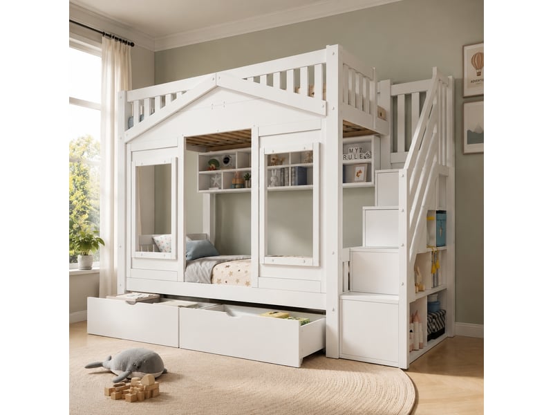  Lit superposé cabane enfant 90×200 lit jeune lit simple en bois avec tiroirs escalier de rangement  - Conforama D