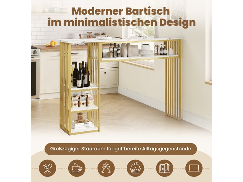 Table de salle à manger avec 3 étagères de rangement, finition marbre, en mdf et métal, blanc et doré, 140 × 40 × 105 cm - Conforama E