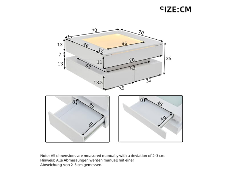  Table basse carrée blanc avec 3 tiroirs - 70x70 cm led panneau de particules table basse blanc - Conforama C