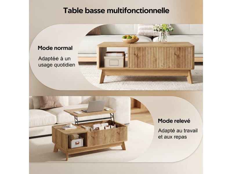  Table basse relevable avec rangement intégré et façade ondulée, 95 x 48 x 50 cm  - Conforama D