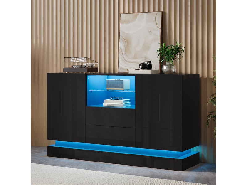  Buffet bas brillant 140 x 40 x 80 cm avec led pilotable par application, 2 portes, 2 tiroirs et niche vitrée - noir Fay Lum - Conforama E