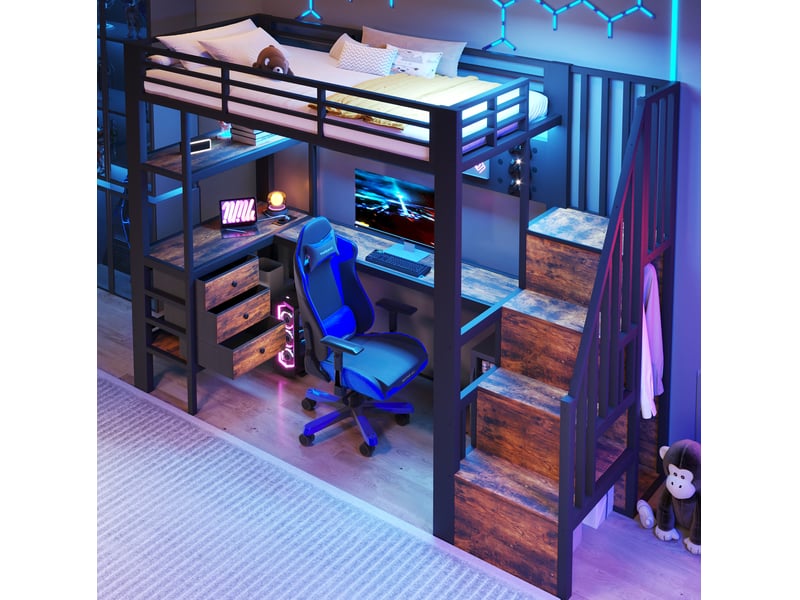  Lit mezzanine 90x200 cm avec bureau, rangements et led noir  - Conforama D
