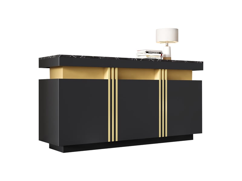  Buffet bas 3 portes sans poignées 140x38x70 cm noir et doré  - Conforama A
