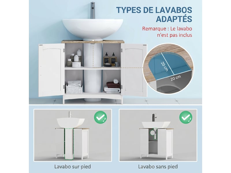  Meuble sous lavabo à deux portes blanc et bois naturel, 60 x 33 x 60 cm  - Conforama R