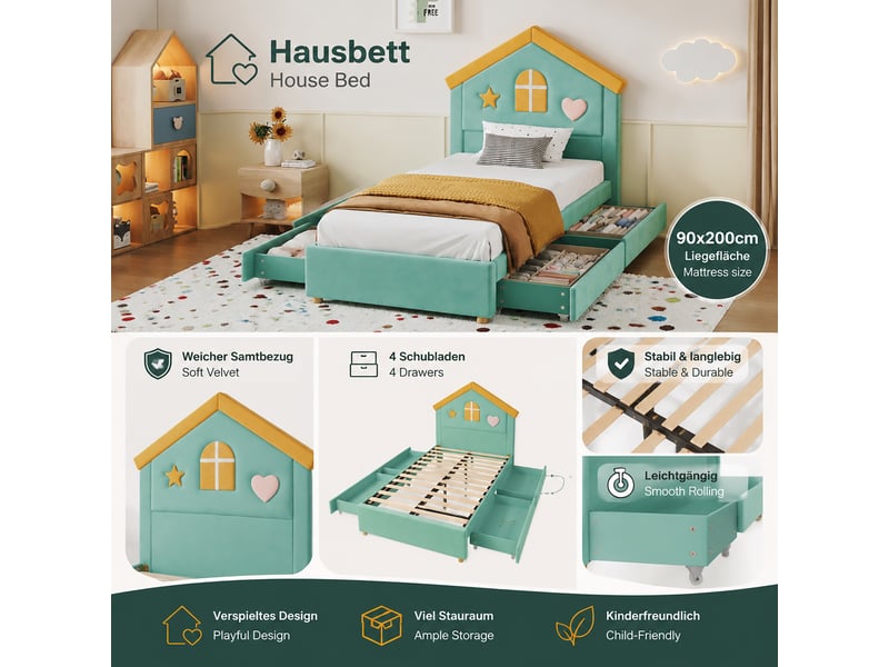  Lit enfant 90 x 200 cm, tête de lit cabane rembourrée, 4 tiroirs de rangement, revêtement velours, bleu-vert Morn Vibe - Conforama D