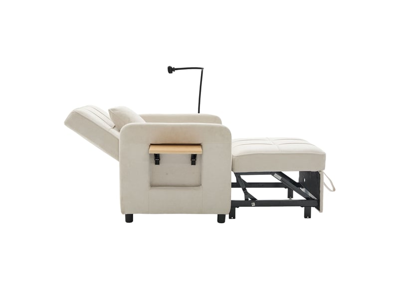 Fauteuil-lit 2-en-1 beige en chenille avec coussin, tablette et poches latérales - Conforama E