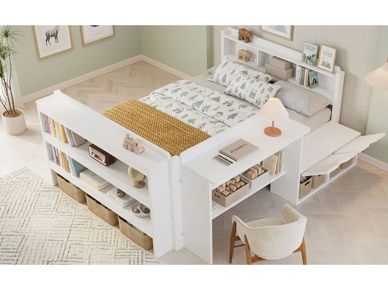  Lit coffre 120 x 200 cm bureau intégré compartiment rabattable étagère ouverte en pied module latéral réversible structure en bois finition blanche  - Conforama B
