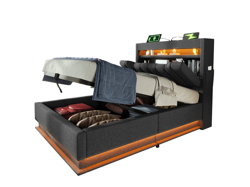  Lit coffre, lit simple 90x200 cm en lin avec 3 ports usb, type-c, led et rangements, matelas inclus, gris  - Conforama A