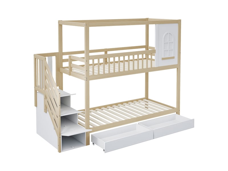 Lit superposé enfant 90x200 cm en bois naturel, forme maison, fenêtres, tiroirs et escalier sécurisé - Conforama D